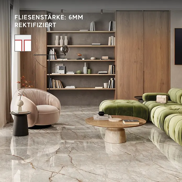 Corso Italia Feinsteinzeugfliese Crimson - 120 x 278 cm, Grau, Glänzend - 6mm rektifizierte Bodenfliesen in Marmoroptik im modernen Wohnzimmer.