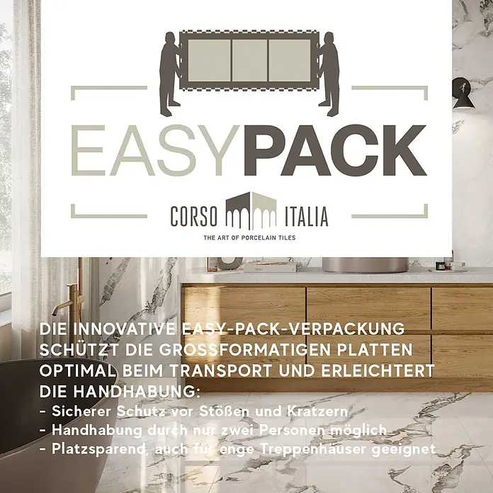 Corso Italia Feinsteinzeugfliese Lunar - 120 x 278 cm, Grau, Glänzend - EASYPACK: Innovative Verpackung für Großformatplatten, getragen von zwei Personen. Bietet Schutz & leichte Handhabung.