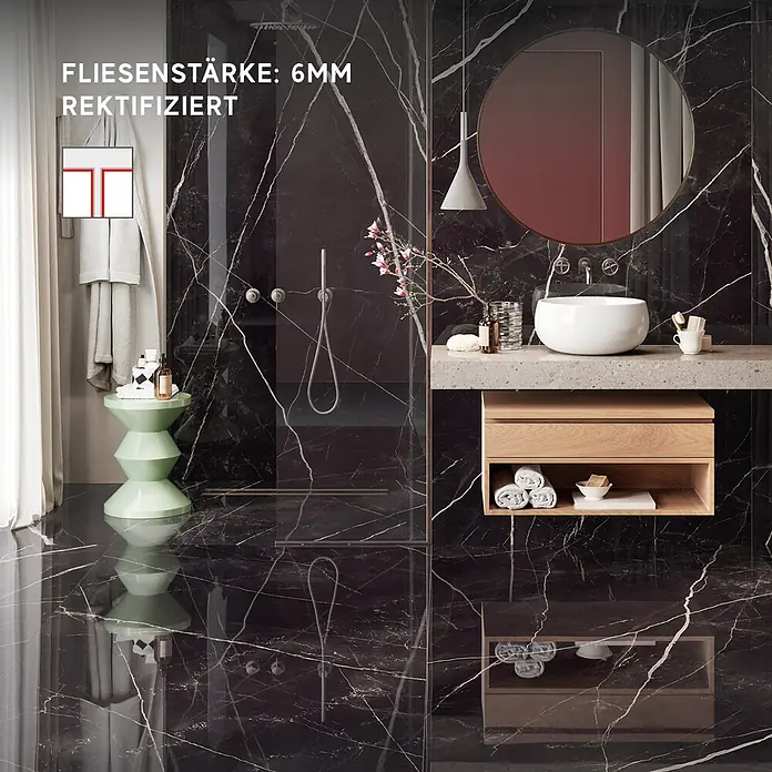 Corso Italia Feinsteinzeugfliese Calacatta - 120 x 278 cm, Schwarz, Glänzend - Schwarze Marmoroptik Fliesen (6mm, rektifiziert) an Badwänden & -boden für luxuriösen, fugenarmen Look.