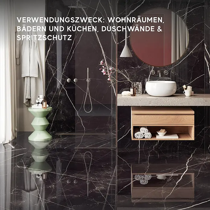 Corso Italia Feinsteinzeugfliese Calacatta - 120 x 278 cm, Schwarz, Glänzend - Schwarze Fliesen in Marmoroptik, ideal für moderne Innenräume wie Bäder, Küchen und Wohnbereiche sowie als Spritzschutz.