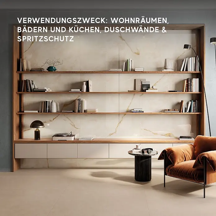 Corso Italia Feinsteinzeugfliese Onyx - 120 x 278 cm, Gold, Glänzend - Helle Fliesen in Onyx-Optik mit goldener Äderung, als Wandverkleidung im Wohnzimmer; geeignet für Wohnräume, Bäder, Küchen, Duschwände & Spritzschutz.
