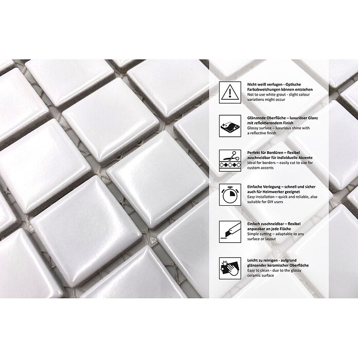 Mosaikfliese Quadrat Uni B100 (33 x 30,2 cm, Keramik, Weiß)