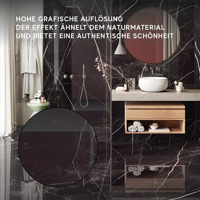 Corso Italia Feinsteinzeugfliese Calacatta - 120 x 278 cm, Schwarz, Glänzend - Schwarz marmorierte Fliesen mit hoher Grafikauflösung und natürlichen weißen Äderungen bedecken Wände und Boden eines modernen Bades.
