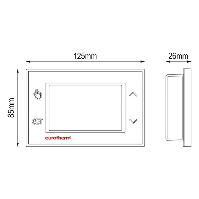 Cronotermostato digital CT-H100 - Regulador de temperatura y humedad - Panel de control blanco con pantalla, botón 'SET', cursor y flechas, mostrando dimensiones: 125x85x26mm.
