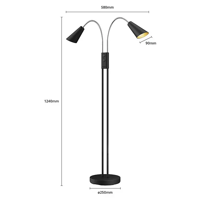 Lucande Stehleuchte Medira - schwarz, schwarz, GU10 - Schwarze Stehlampe mit zwei verstellbaren Köpfen, Chromakzenten und goldenen Innenschirmen auf rundem Fuß.