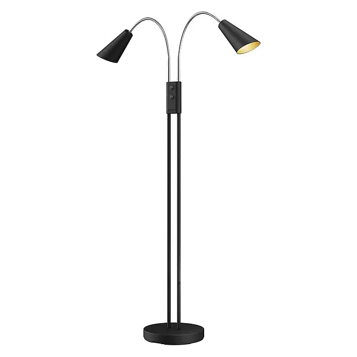 Lucande Stehleuchte Medira - schwarz, schwarz, GU10 - Schwarze Stehlampe mit zwei verstellbaren, konischen Leuchten und Chrom-Schwanenhälsen auf rundem Fuß für gerichtetes Licht.