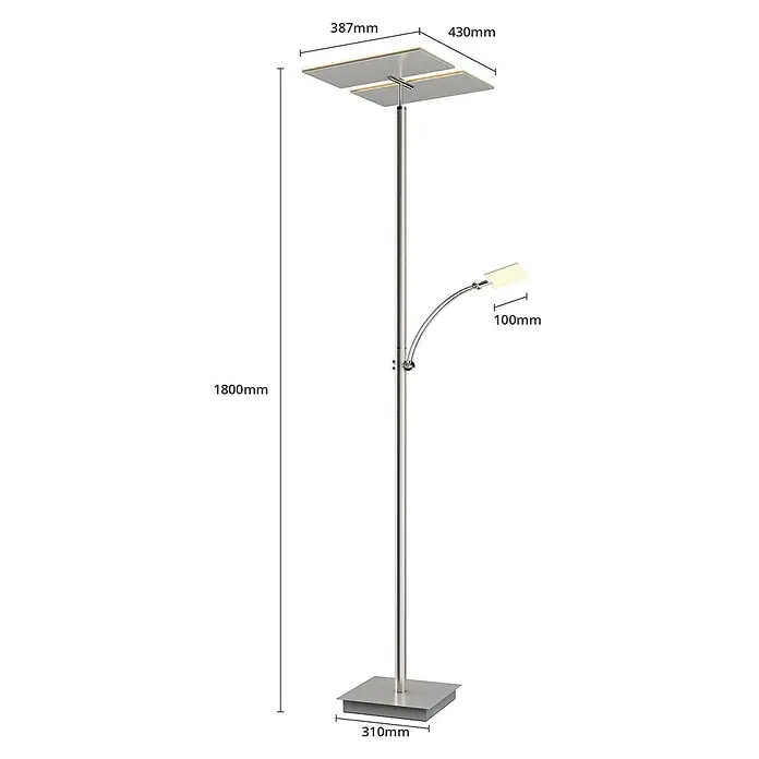 Lucande LED-Deckenfluter Parthena - Höhe: 180 cm, alu / grau / zink, alu / grau / zink, Warmweiß - Stehleuchte aus gebürstetem Metall mit quadratischem Fuß, Deckenfluter und verstellbarer Leselampe.