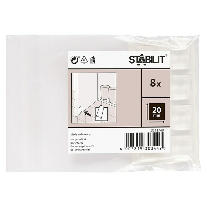 Stabilit Almohadilla antideslizante y antirruido (L x An: 20 x 20 mm, Transparente, Autoadhesivo, 8 uds.)