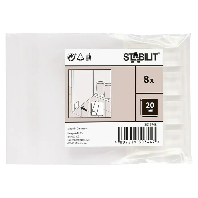 Stabilit Almohadilla antideslizante y antirruido - An x L: 20 x 20 mm, Transparente, 8 ud. - Imagen de un paquete de espaciadores Stabilite, 8 unidades, 20 mm, para uso en áreas sanitarias.
