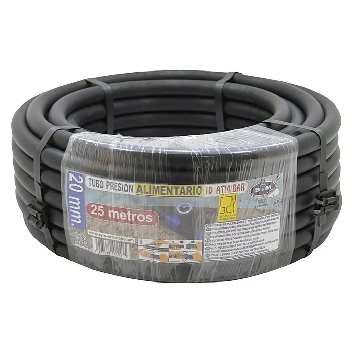 Tubo PE Alimentario - Ø x L: 20 mm x 25 m, Polietileno - Un rollo de manguera negra de presión alimentaria de 20 mm, de 25 metros de largo, ideal para uso en jardinería o en la industria alimentaria.
