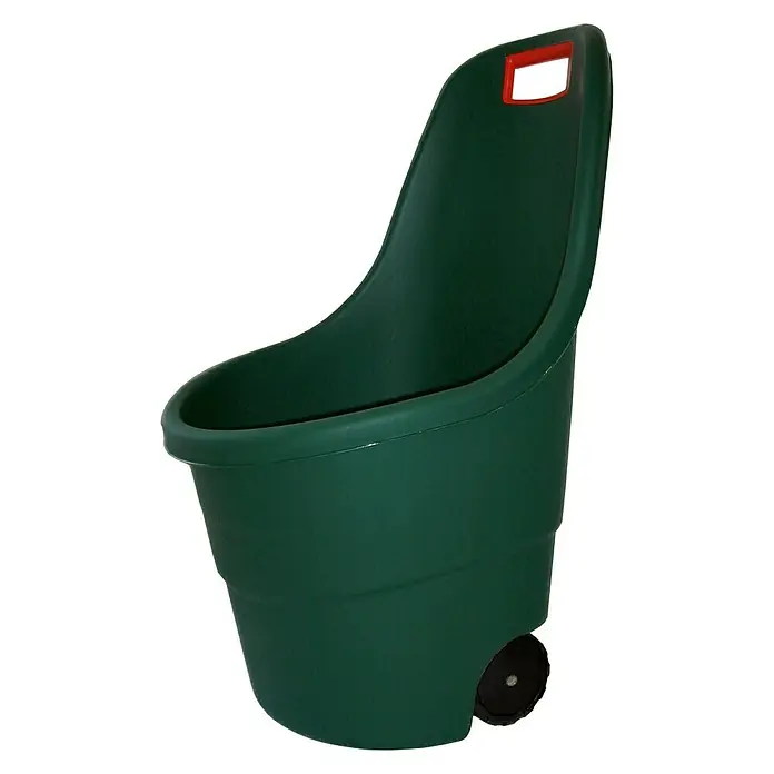 Keter Trolley de jardín Easy Go - Verde oscuro, Capacidad volumétrica: 55 l - Un carrito de jardín verde con un mango rojo y una rueda negra, diseñado para transportar residuos de jardín.