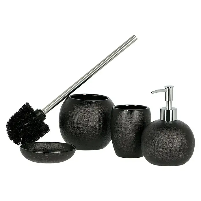 Camargue Kaya Zahnputzbecher - Steingut, Schwarz - Schwarzes Badezimmer-Set mit Seifenspender, Becher, Toilettenbürste und Ablage für ein stilvolles Badezimmer-Ambiente.