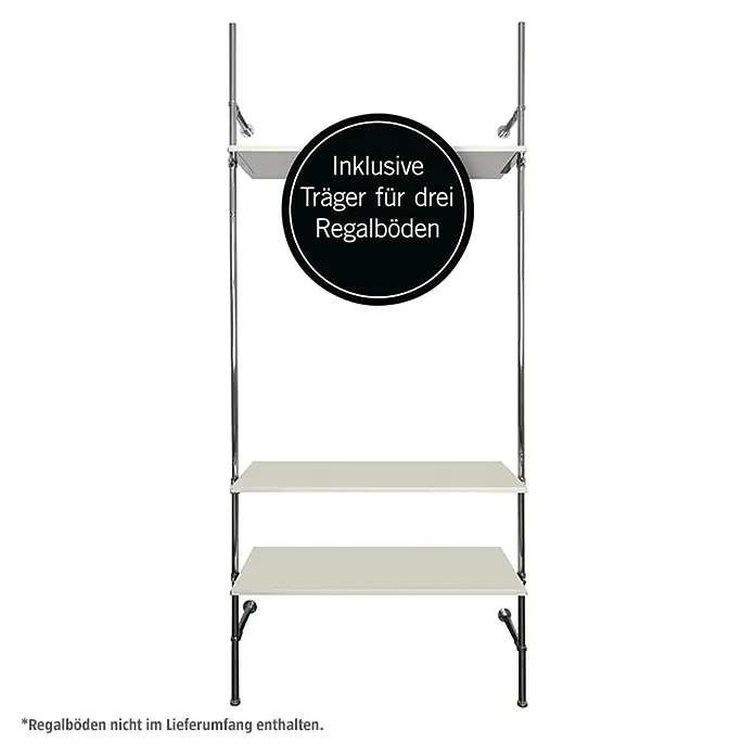 Easy Connect Regalsystem-Grundmodul - Passend für: 3 Regalböden - Das Bild zeigt ein modernes, freistehendes Regal mit drei Ablageflächen und einem Hinweis, dass die Träger inklusive sind, aber die Regalböden nicht.