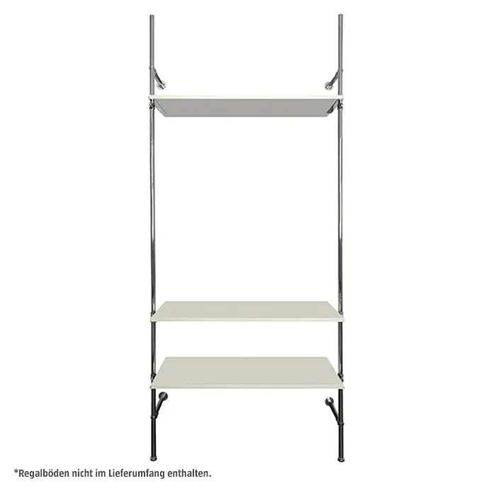 Easy Connect Regalsystem-Grundmodul - Passend für: 3 Regalböden - Produktfoto: Offenes Regalsystem mit drei weißen Regalböden und einem verchromten Metallrahmen.