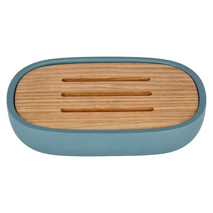 Venus Katta Seifenschale - Blau, Polyresin - Oval geformte Seifenschale mit Holzrost und blauem Rand. Praktisch und stilvoll für Badezimmer oder Küche.
