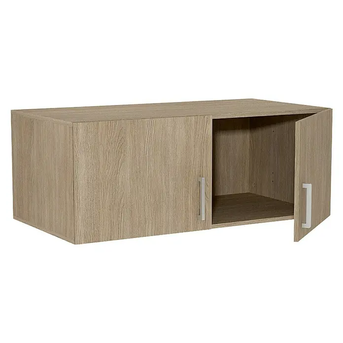 Finsa Organiza-T Módulo de armario - L x An x Al: 50 x 100 x 38 cm, Marrón, Plástico - Un armario colgante con aspecto de madera con una puerta abierta, ideal para el almacenamiento y la organización en cualquier habitación.