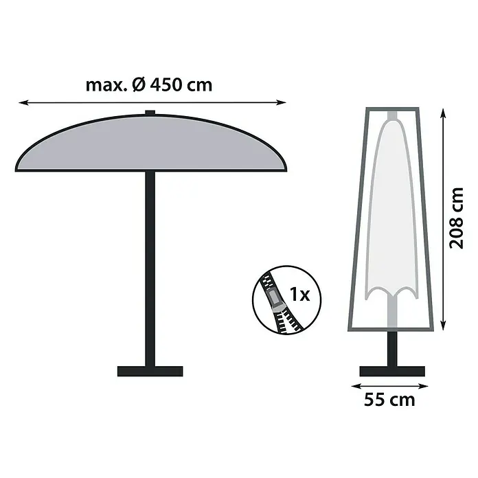 Sunfun Schirm-Schutzhülle - Kunststoff, Passend für: Schirme mit Ø 250 - 400 cm - Abbildung eines Sonnenschirms mit Maßen und einer Schutzhülle mit Reißverschluss.