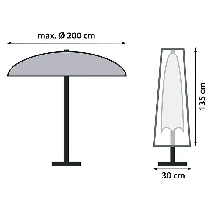 Sunfun Schirm-Schutzhülle - Kunststoff, Passend für: Schirme mit Ø 180 - 200 cm - Schemazeichnung eines Sonnenschirms mit Maßen, maximale Ø 200 cm und einer Schirmhülle, 135 cm hoch und 30 cm breit.