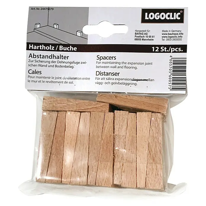 LOGOCLIC Holzkeile - 12 Stk., Buche - Bild eines Pakets mit 12 Holz Abstandhalter, die verwendet werden, um Dehnungsfugen zwischen Wand und Bodenbelag zu gewährleisten.