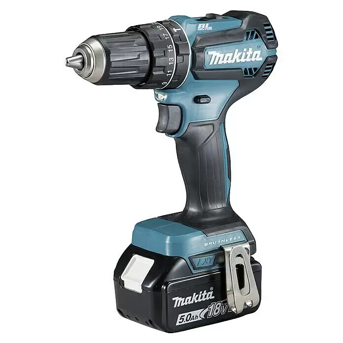 Makita LXT 18V Taladro atornillador percutor de batería DDF485RTJ - 18 V, 2 baterías, 5 Ah, 50 Nm - Taladro inalámbrico Makita 18V 5.0Ah con cuerpo negro y azul verdoso, portabrocas plateado y batería.