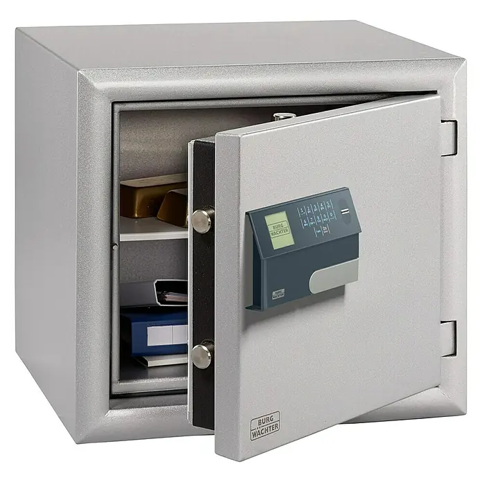 Burg-Wächter Diplomat Sicherheitsschrank MTD 750 EF P - L x B x H: 462 x 500 x 470 mm, Silber, Art Schloss: Elektronisches Zahlenschloss, VdS geprüft, ECB-S zertifiziert EN 1300, Klasse 2/B - Silberner Burg-Wächter Möbeltresor mit geöffneter Tür, der Einblick auf goldene Barren und Dokumente gewährt.