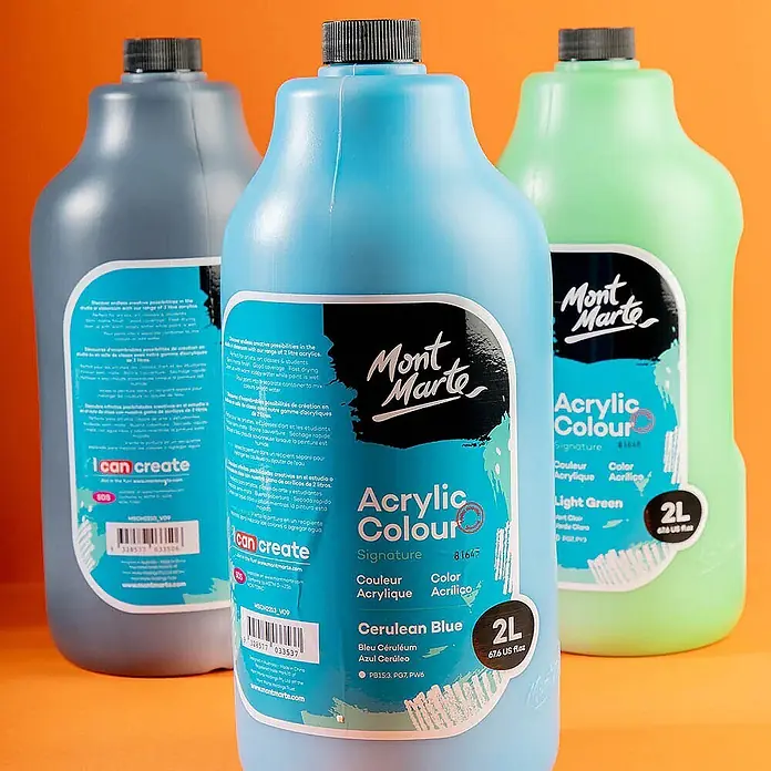 Mont Marte Acrylfarbe Signature - Ceruleanblau, 2.000 ml, Flasche mit Tropfpipette - Drei 2-Liter-Flaschen Mont Marte Acrylfarbe: Azurblau, Hellgrün und Grau/Schwarz.