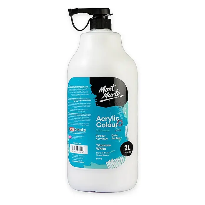 Mont Marte Acrylfarbe Signature - Titanweiß, 2.000 ml, Flasche mit Tropfpipette - Eine 2-Liter Mont Marte Titanweiß Acrylfarbe Flasche mit schwarzem Pumpspender.