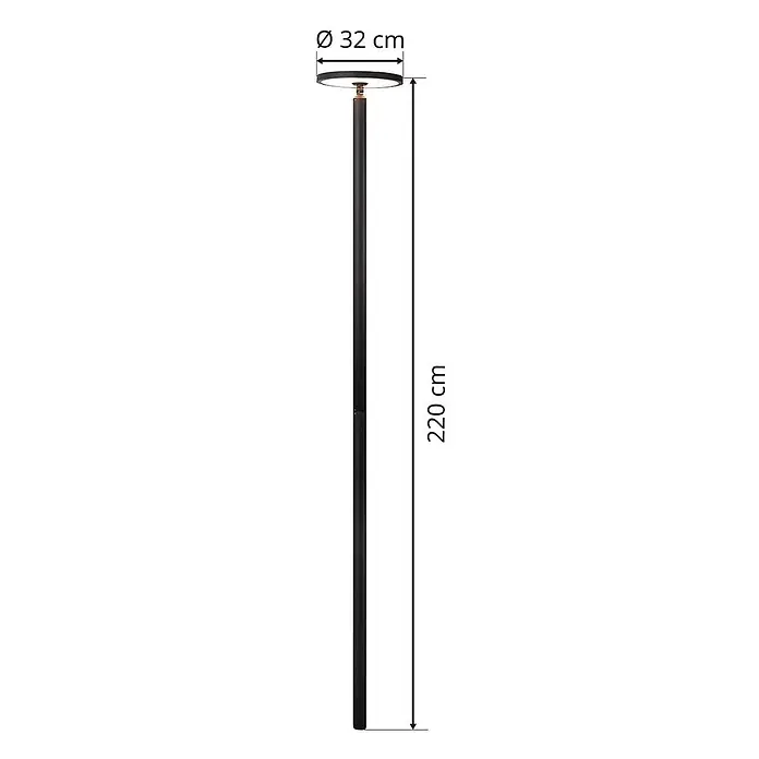 Lucande Außenlaterne Akito -  - Hohe schwarze Stehleuchte mit flacher, runder Leuchte, 220 cm hoch, Schirmdurchmesser 32 cm.