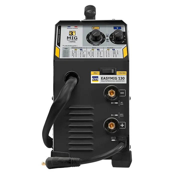 Gys Kombi-Schweißgerät 3 in 1 Easymig 130 - Schweißstrom: 20 A - 120 A - Schwarz-graues GYS EasyMIG 130 Multiprocess Inverter Schweißgerät mit Bedienfeld für MIG/MAG- und MMA-Schweißen, mit deutlichen Anschlussbuchsen.