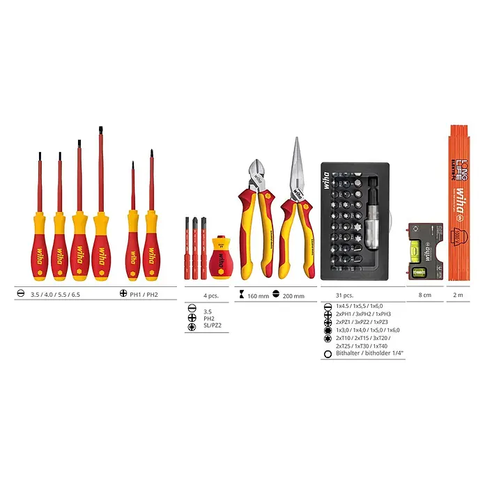 Wiha Werkzeugkoffer Basic Set L VDE - 46 -tlg. - Set von Wiha Elektrikerwerkzeugen: Schraubendreher, Zangen, Bit-Set, Wasserwaage und Zollstock, in Rot und Gelb.