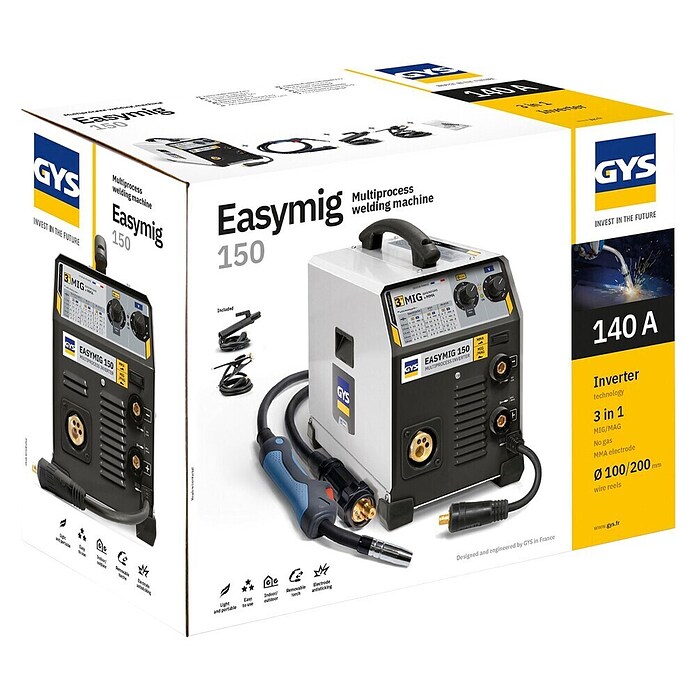 Gys Schweißgerät 3 in 1 Easymig 150 (Geeignet für: Schutzgas-, Fülldraht- und Elektrodenschweißen, 30 - 140 A (MIG/MAG-Schweißen))