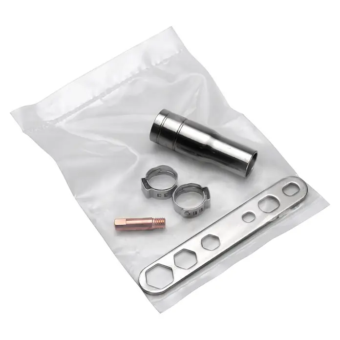 Gys Kombi-Schweißgerät 3 in 1 Easymig 150 - Schweißstrom: 20 A - 140 A - Metall-Schweiß-/Brennerzubehör-Kit mit Schraubenschlüssel, Gaslinsenkörper, Spannzange und zwei Klemmen in einer Klarsichttüte.