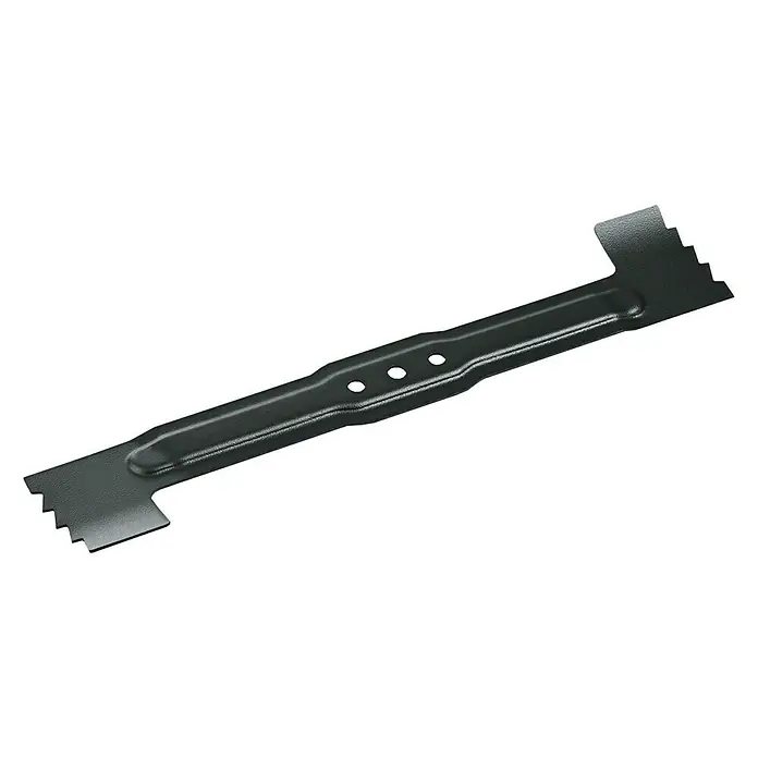 Bosch Ersatzmesser für Rasenmäher - Bosch Akku-Rasenmäher AdvancedRotak 36, Arbeitsbreite: 42 cm - Nahaufnahme eines schwarzen, gezackten Metallwerkzeugs auf schwarzem Hintergrund.