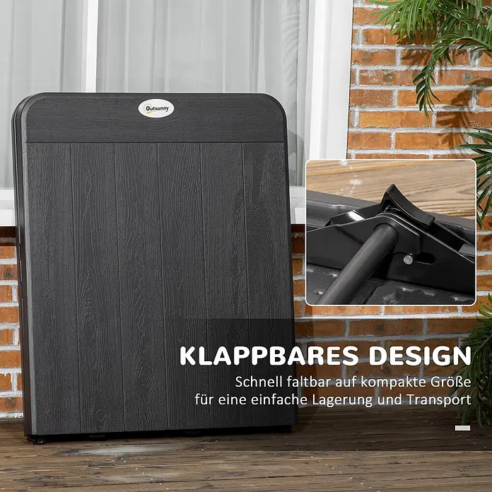 Outsunny Gartentisch für 6 Personen - Stahl, HDPE, Rechteckig, Dunkelgrau - Dunkelgraue, holzgemaserte, klappbare Outdoor-Aufbewahrungsbox; Detail des Klappmechanismus ist zu sehen.