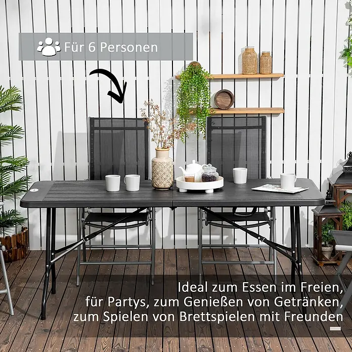 Outsunny Gartentisch für 6 Personen - Stahl, HDPE, Rechteckig, Dunkelgrau - Dunkelgrauer klappbarer Outdoor-Tisch für 6 Personen, mit Stühlen auf einer Terrasse, für Mahlzeiten oder Aktivitäten geeignet.