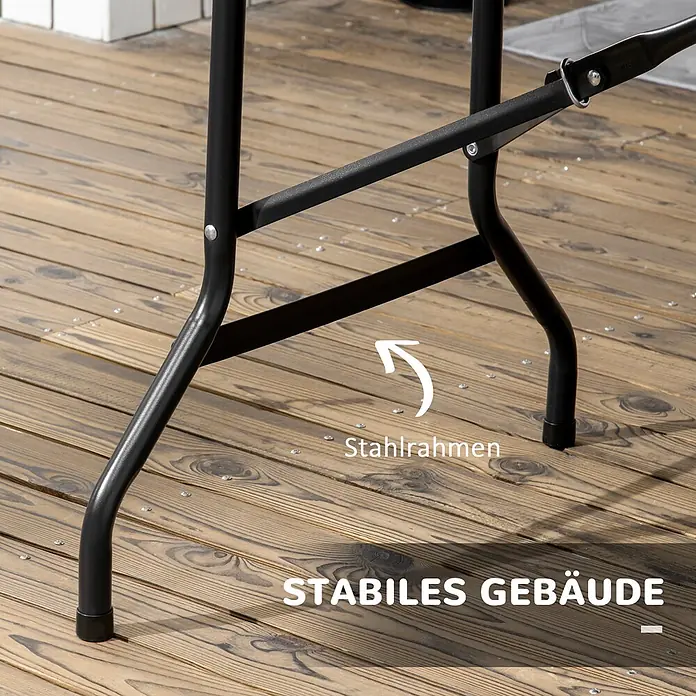 Outsunny Gartentisch für 6 Personen - Stahl, HDPE, Rechteckig, Dunkelgrau - Schwarzes Stahlgestell eines Klappmöbels auf Holzterrasse, für Stabilität hervorgehoben.