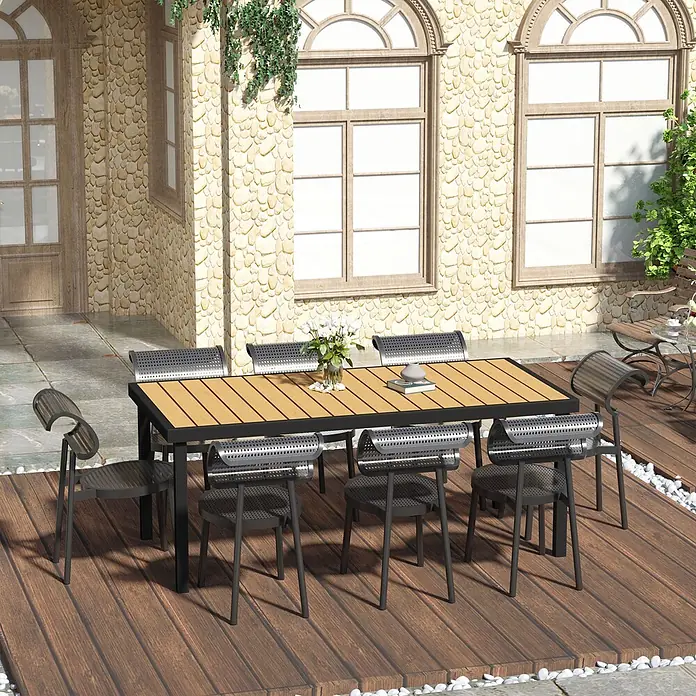 Furnicato Gartentisch - L x B x H: 190 x 90 x 74 cm, Rechteckig, Natur - Ein Outdoor-Esstisch mit Holzplatte und dunklen perforierten Stühlen auf einer Holzterrasse.