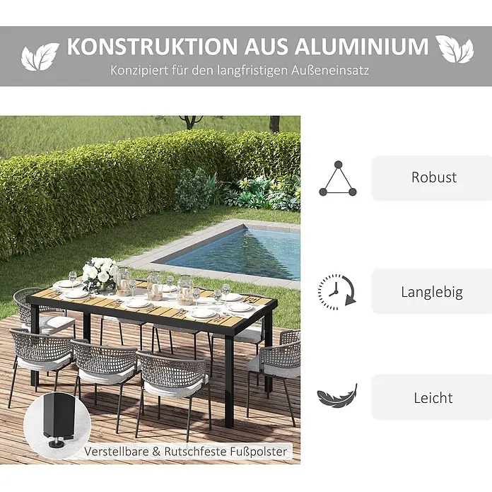 Furnicato Gartentisch - L x B x H: 190 x 90 x 74 cm, Rechteckig, Natur - Eine Outdoor-Essgruppe mit Aluminiumtisch und geflochtenen Stühlen neben einem Pool im Garten.