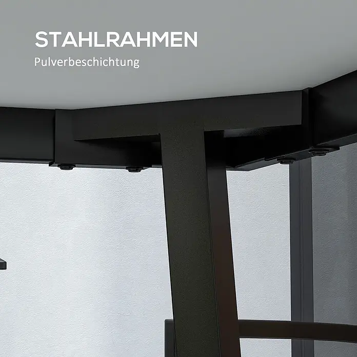 Outsunny Gartentisch für 6 Personen - PSPC-Kunststoff, Stahl, Rechteckig, Grau, Braun - Nahaufnahme eines schwarzen, pulverbeschichteten Stahlrahmens mit sichtbaren Befestigungen.