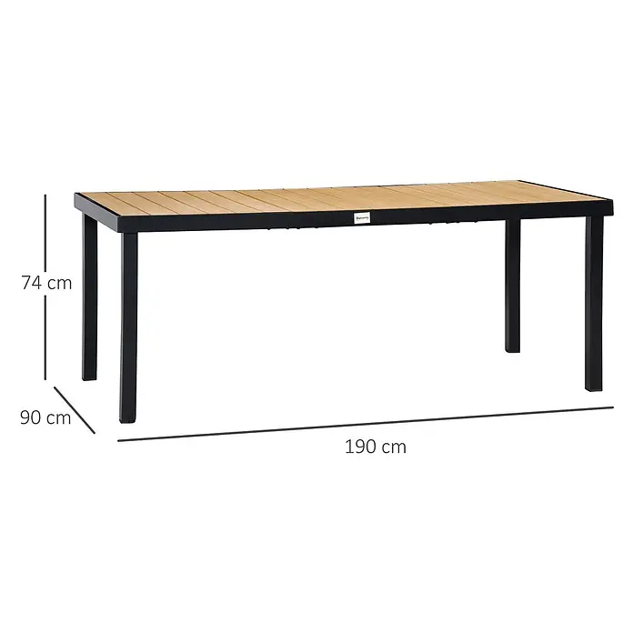 Outsunny Gartentisch für 8 Personen - L x B x H: 190 x 90 x 74 cm, Aluminium, Kunststoff, Rechteckig, Naturholz, Schwarz - Rechteckiger Gartentisch mit schwarzem Metallrahmen und hellbrauner Holzlattenplatte.