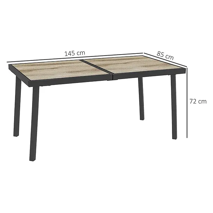 Outsunny Gartentisch für 6 Personen - PSPC-Kunststoff, Stahl, Rechteckig, Grau, Braun - Rechteckiger Tisch mit Holzoptikplatte und schwarzen Metallbeinen, 145x85x72 cm.