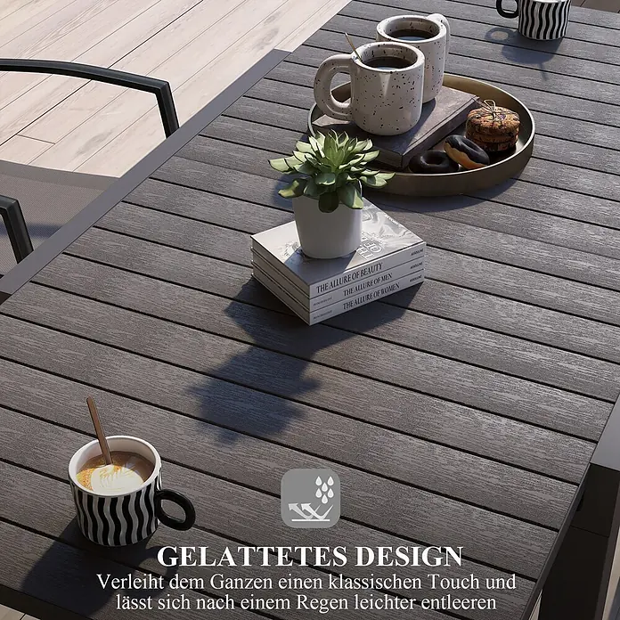 Outsunny Gartentisch - Aluminium, Quadratisch, Grau - Grauer, lamellierter Gartentisch mit Metallrahmen und ablauffähigem Design, ideal für den Außenbereich.