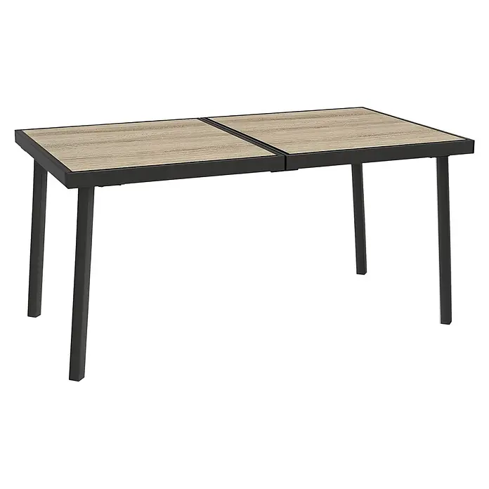 Outsunny Gartentisch für 6 Personen - PSPC-Kunststoff, Stahl, Rechteckig, Grau, Braun - Kleiner rechteckiger Tisch mit heller Holzoptik-Tischplatte in zwei Teilen und schwarzem Metallgestell.