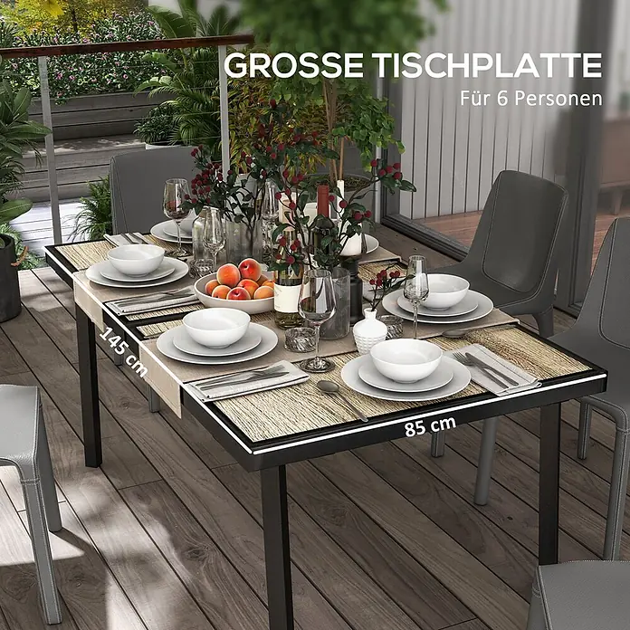 Outsunny Gartentisch für 6 Personen - PSPC-Kunststoff, Stahl, Rechteckig, Grau, Braun - Großer Esstisch (145x85 cm) mit schwarzem Gestell und heller Platte, für sechs Personen auf einem Balkon gedeckt.