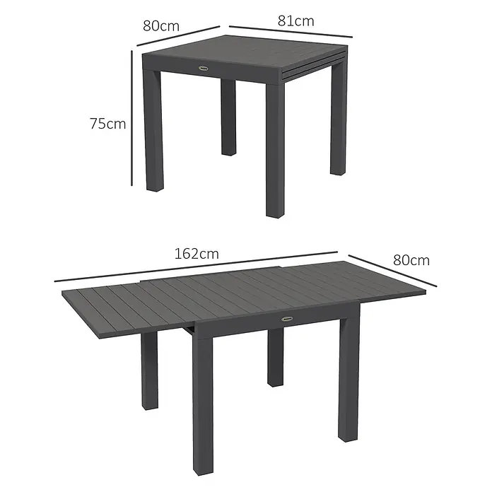 Outsunny Gartentisch - Aluminium, Quadratisch, Grau - Dunkelgrauer, ausziehbarer Gartentisch mit Lattenplatte, kompakt (80x81cm, H75cm) und ausgezogen (162x80cm) gezeigt.