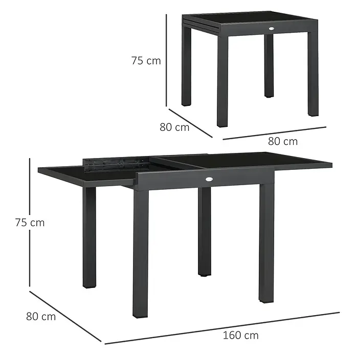 Outsunny Gartentisch - L x B x H: 80 x 80 x 75 cm, Epoxidiertes Metall, Aluminium, gehärtetes Glas, Rechteckig, Schwarz - Dunkelgrauer ausziehbarer Gartentisch mit Glasplatte, kompakt (80x80 cm) und ausgezogen (160x80 cm) bei 75 cm Höhe.