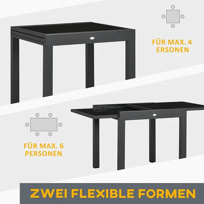 Outsunny Gartentisch - L x B x H: 80 x 80 x 75 cm, Epoxidiertes Metall, Aluminium, gehärtetes Glas, Rechteckig, Schwarz - Dunkelgrauer ausziehbarer Gartentisch mit schwarzer Glasplatte, gezeigt in kompakter (4-Sitzer) und ausziehbarer (6-Sitzer) Konfiguration.