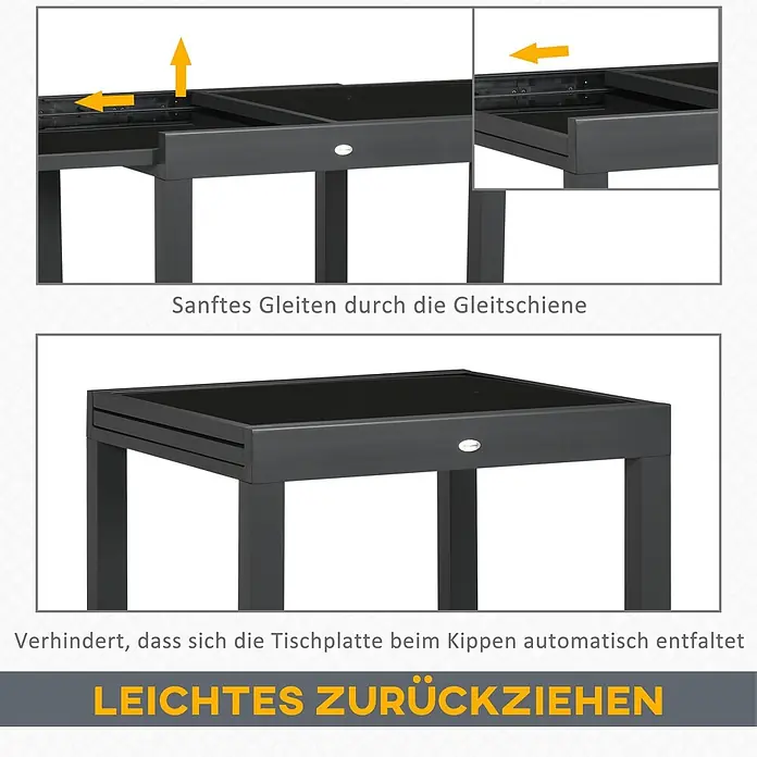 Outsunny Gartentisch - L x B x H: 80 x 80 x 75 cm, Epoxidiertes Metall, Aluminium, gehärtetes Glas, Rechteckig, Schwarz - Dunkelgrauer Gartentisch mit ausziehbarer Platte, der reibungslos gleitet und ein automatisches Ausklappen verhindert.