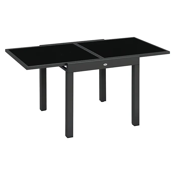 Outsunny Gartentisch - L x B x H: 80 x 80 x 75 cm, Epoxidiertes Metall, Aluminium, gehärtetes Glas, Rechteckig, Schwarz - Schwarzer Ausziehtisch mit Glasplatte und dunkelgrauem Metallgestell.