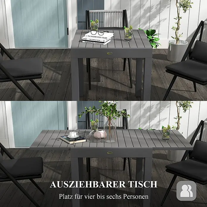 Outsunny Gartentisch - Aluminium, Quadratisch, Grau - Dunkelgrauer ausziehbarer Terrassentisch auf einer Terrasse, mit Stühlen, bietet Platz für vier bis sechs Personen.